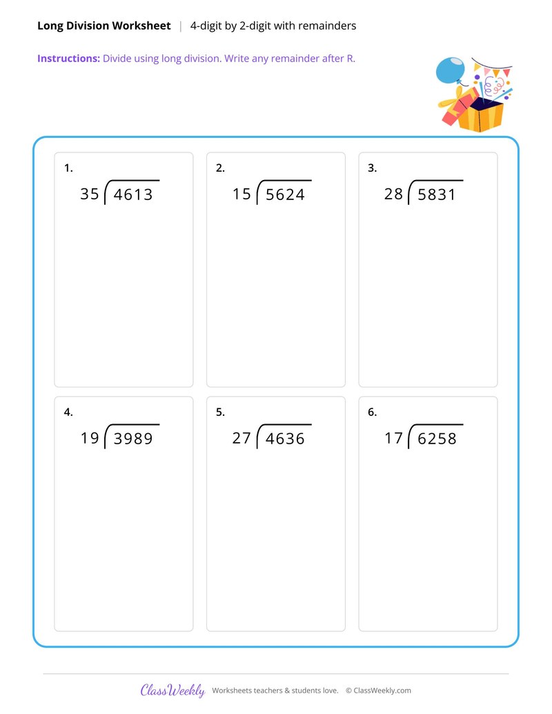 Long division with remainders, 2-digit divisors