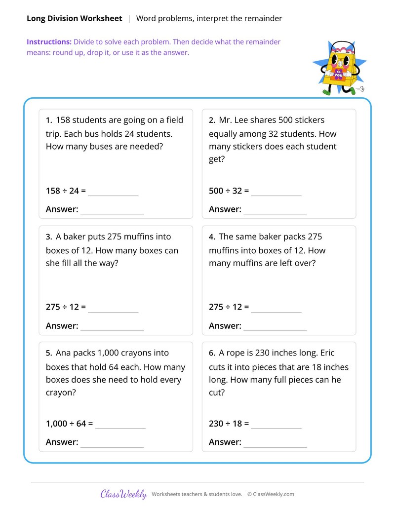 Long division word problems, interpret the remainder