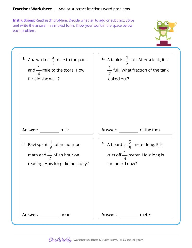 Add or subtract fractions word problems