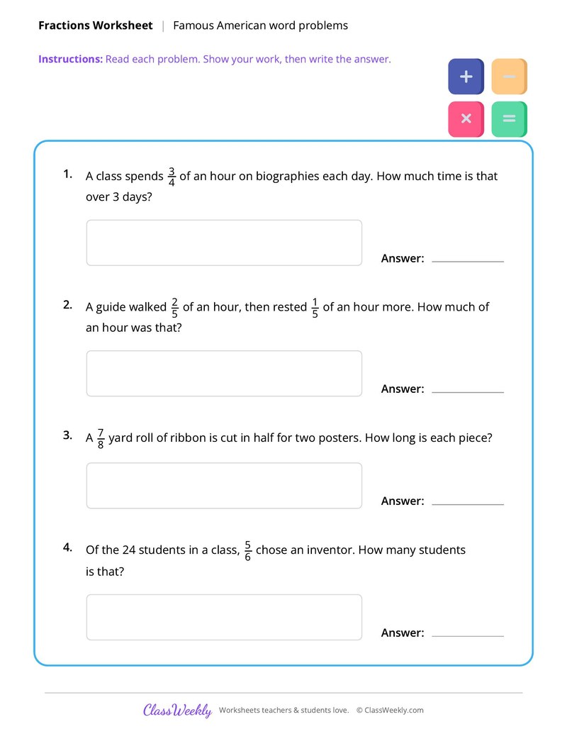 Fraction Word Problems - Famous Americans - Page 1