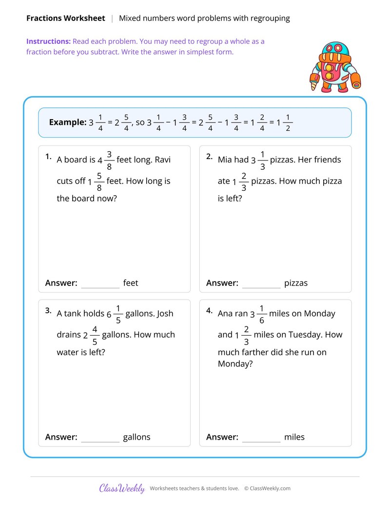 Mixed numbers word problems with regrouping