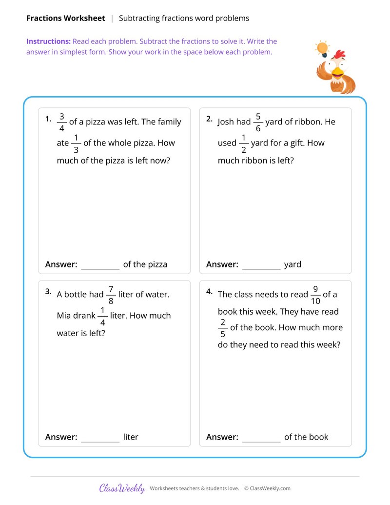 Subtracting fractions word problems
