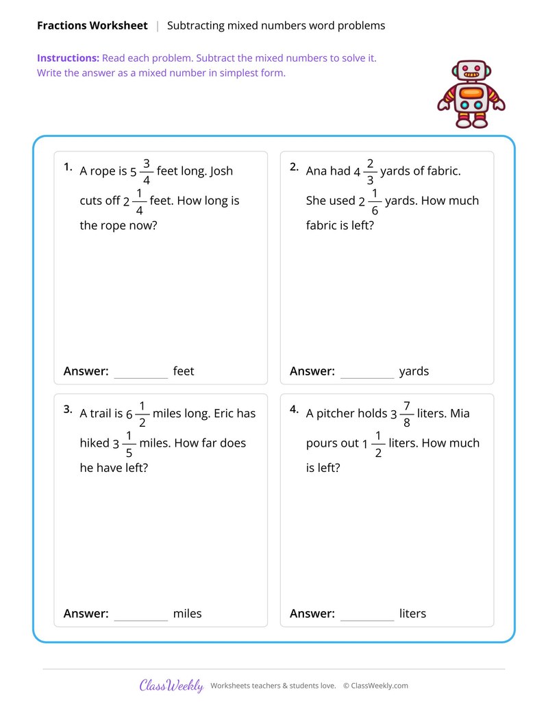 Subtracting mixed numbers word problems