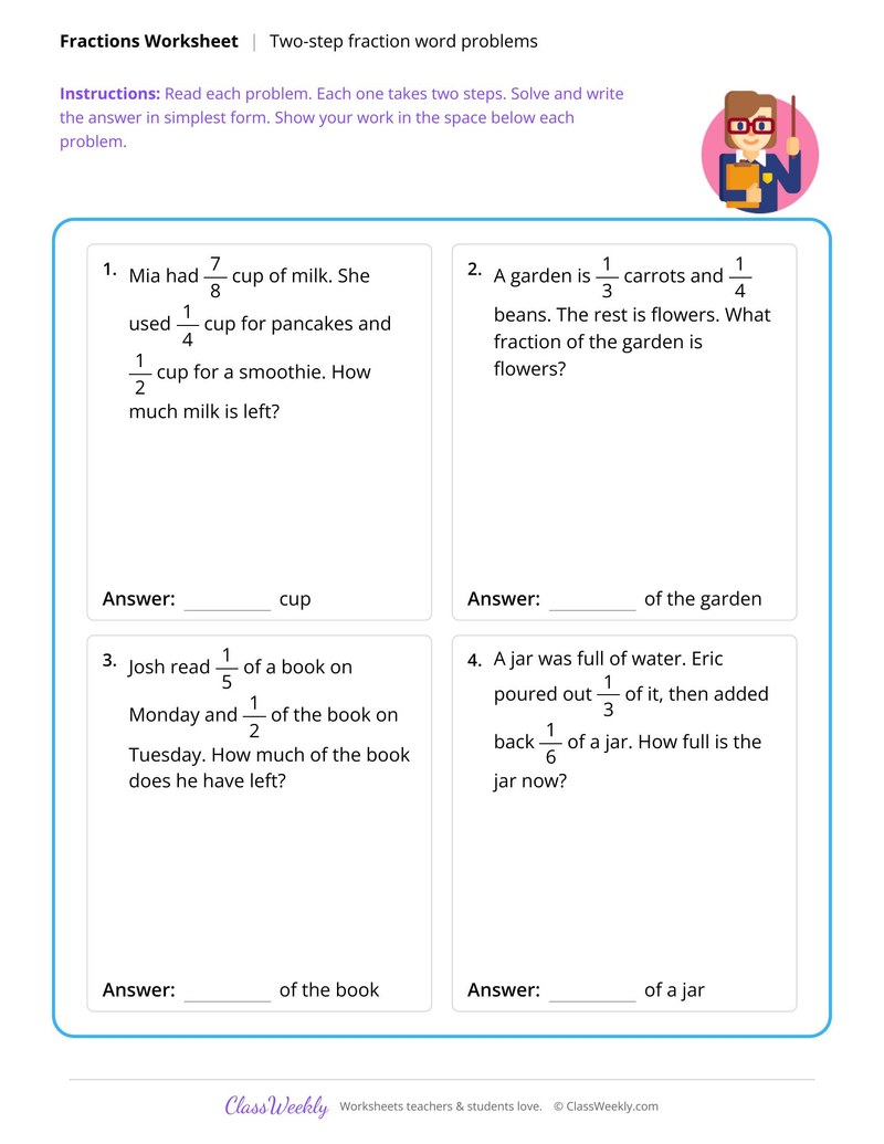 Two-step fraction word problems