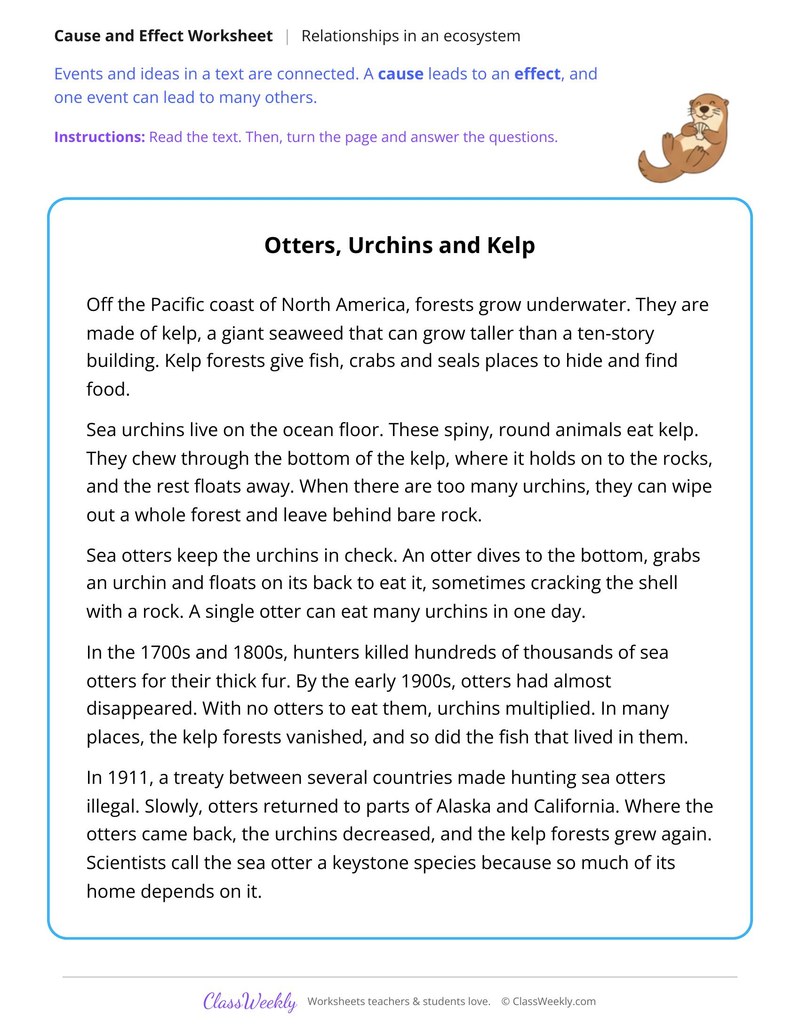 Cause and Effect in a Text About Sea Otters and Kelp Forests - Page 1