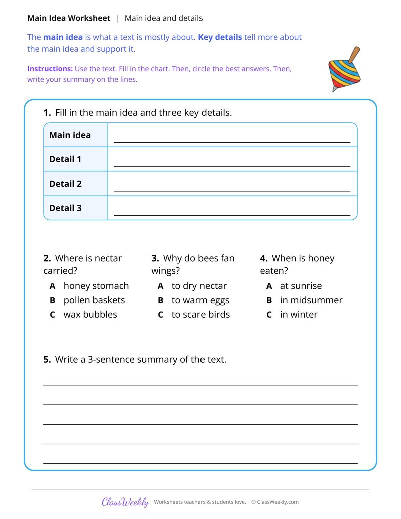 Main Idea and Details in a Text About How Bees Make Honey