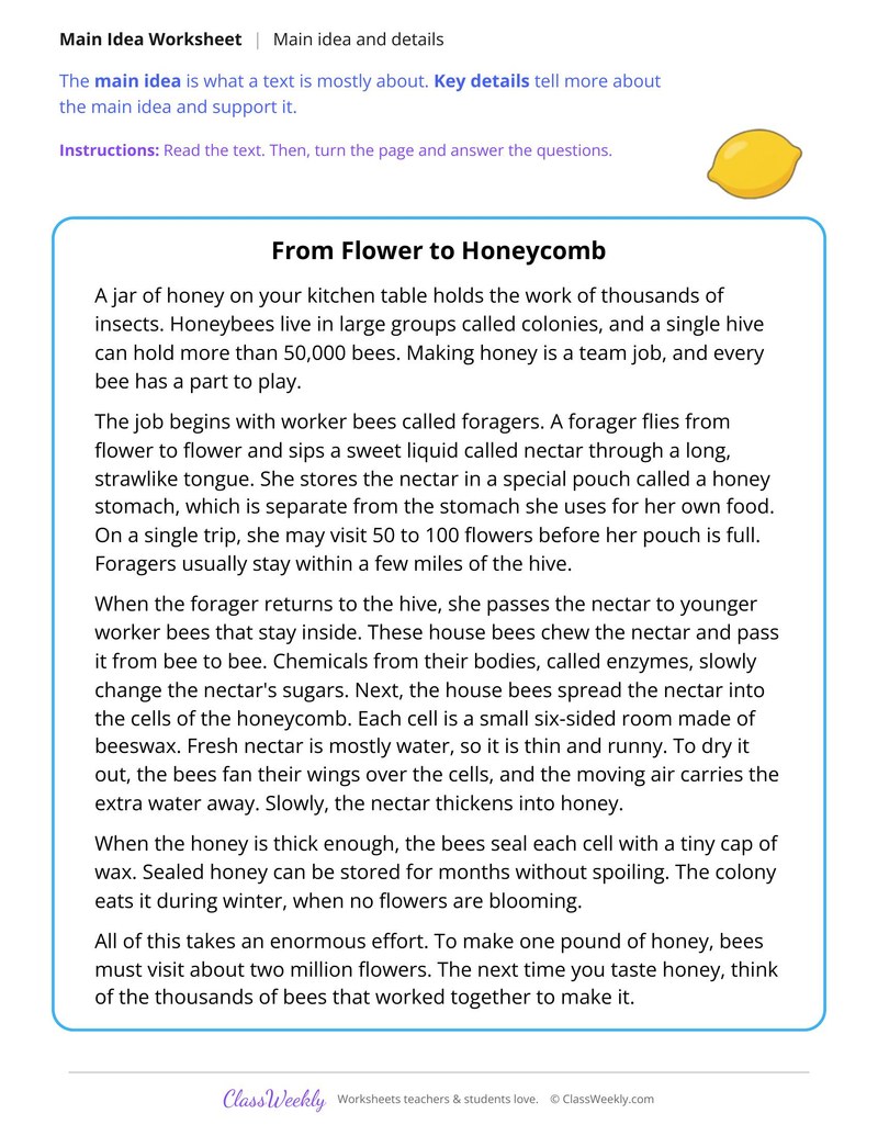 Main Idea and Details in a Text About How Bees Make Honey - Page 1