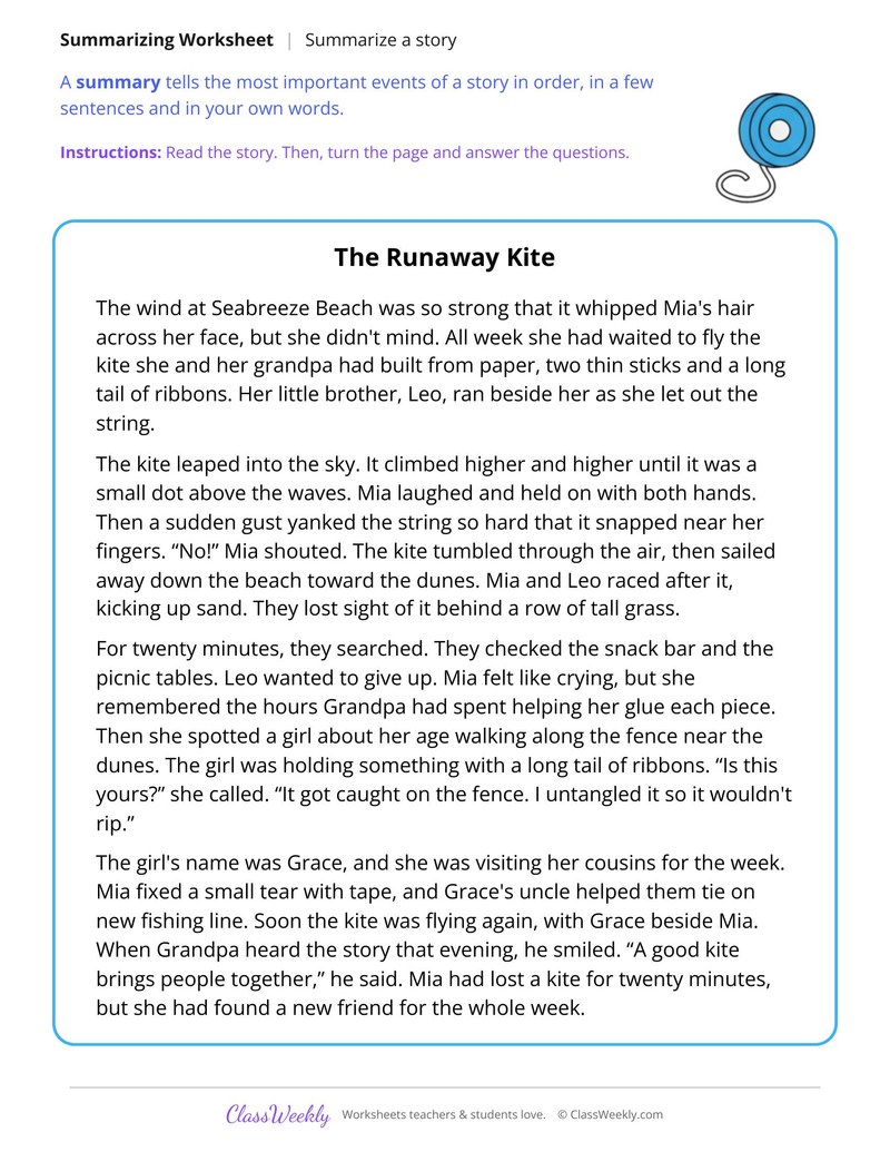 Summarize a Story About a Lost Kite on a Windy Beach - Page 1