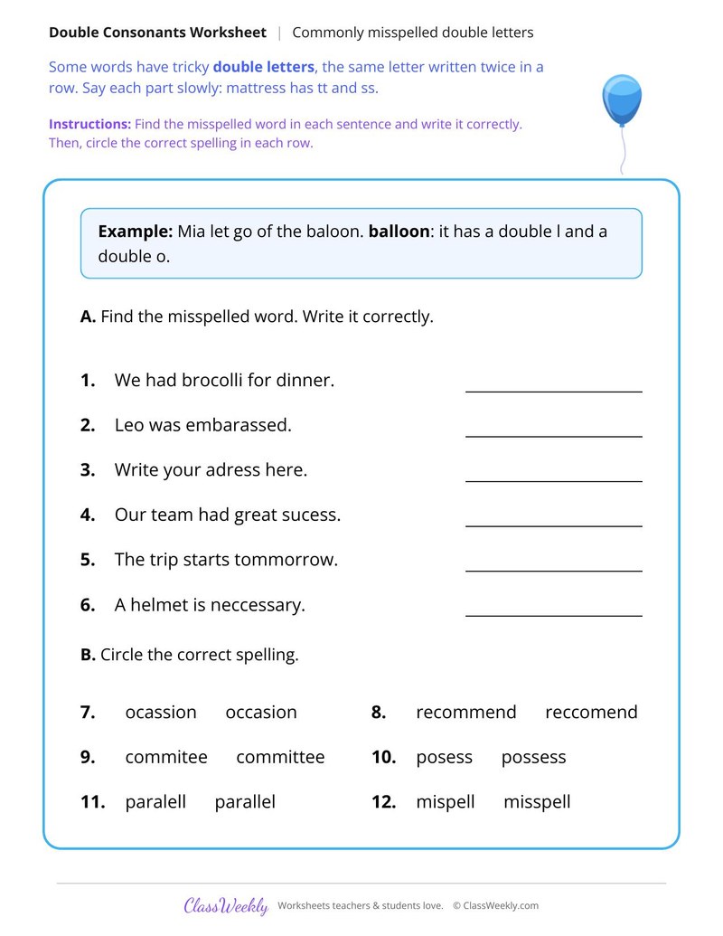 Commonly Misspelled Double Letters