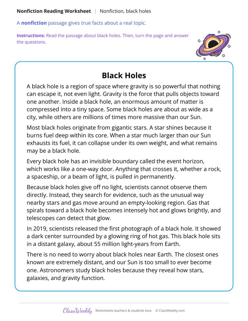 Black Holes (Nonfiction Passage) - Page 1