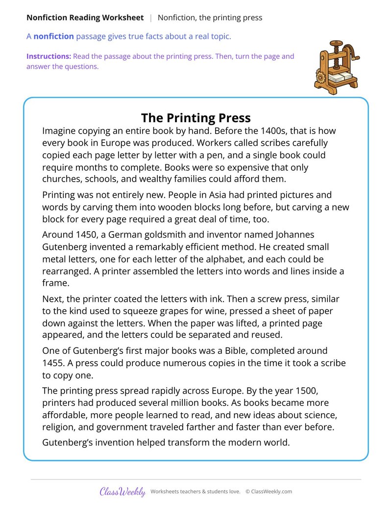 The Printing Press (Nonfiction Passage) - Page 1