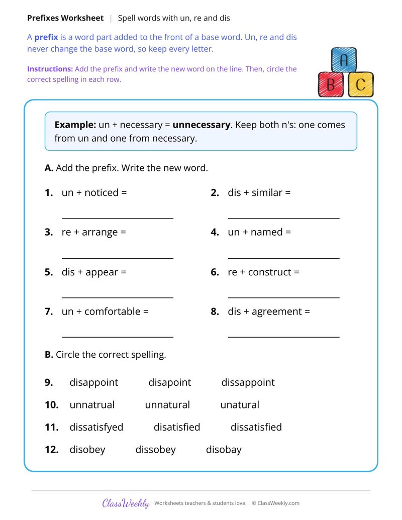 Spell Words With Un, Re and Dis
