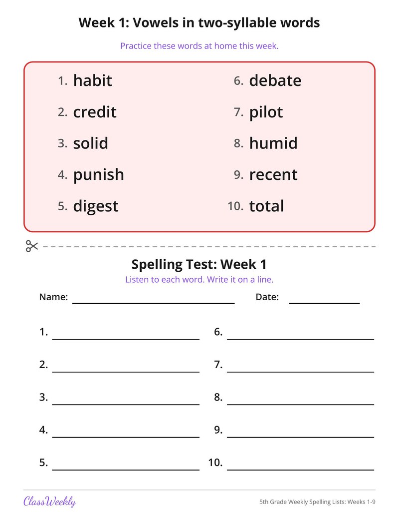 5th Grade Weekly Spelling Lists: Weeks 1-9
