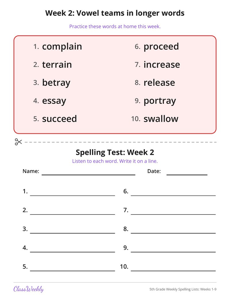 5th Grade Weekly Spelling Lists: Weeks 1-9