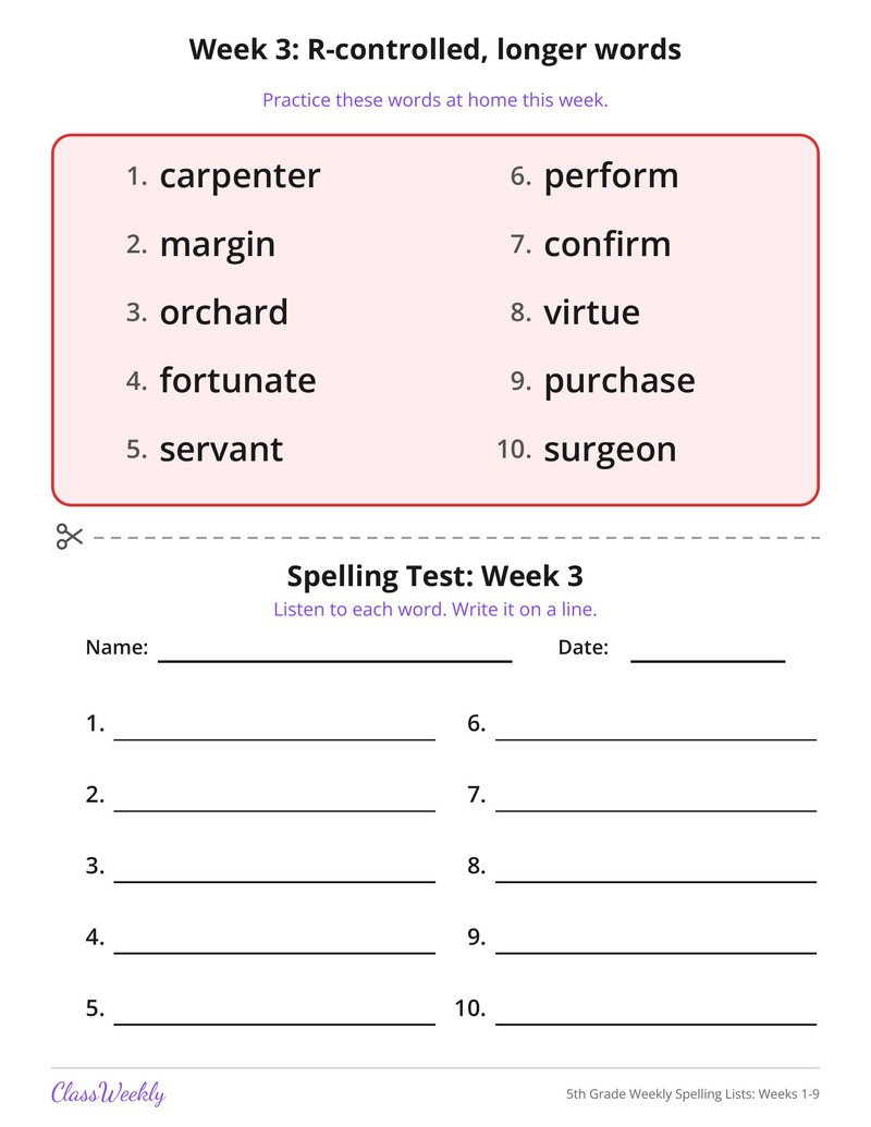 5th Grade Weekly Spelling Lists: Weeks 1-9