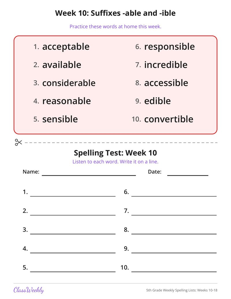 5th Grade Weekly Spelling Lists: Weeks 10-18