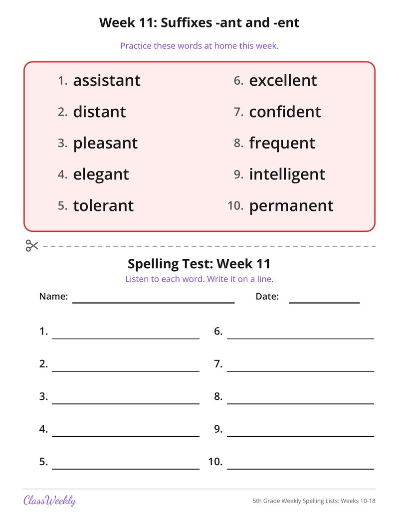 5th Grade Weekly Spelling Lists: Weeks 10-18