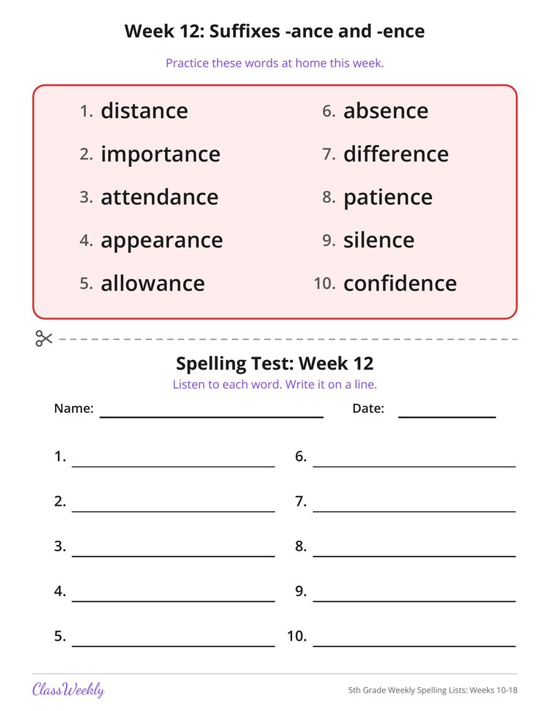 5th Grade Weekly Spelling Lists: Weeks 10-18