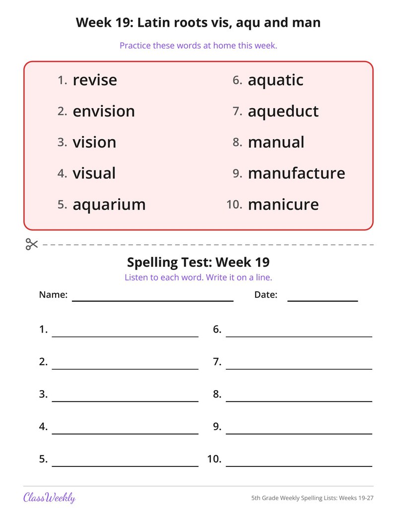 5th Grade Weekly Spelling Lists: Weeks 19-27