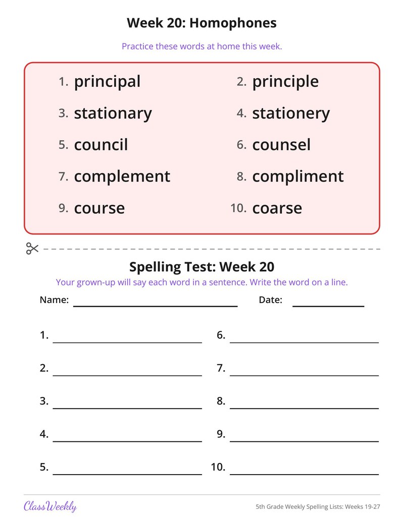5th Grade Weekly Spelling Lists: Weeks 19-27