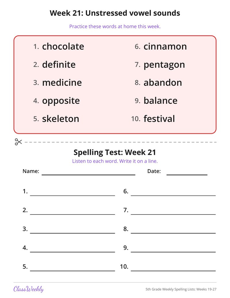 5th Grade Weekly Spelling Lists: Weeks 19-27