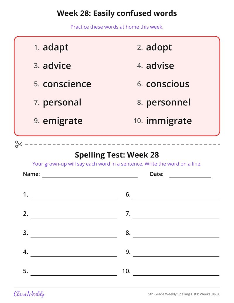 5th Grade Weekly Spelling Lists: Weeks 28-36