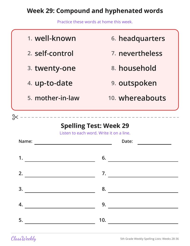 5th Grade Weekly Spelling Lists: Weeks 28-36