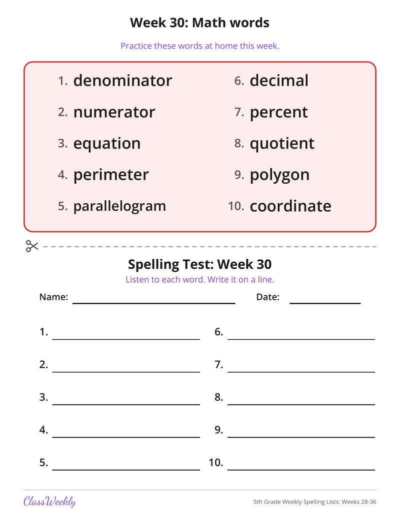 5th Grade Weekly Spelling Lists: Weeks 28-36