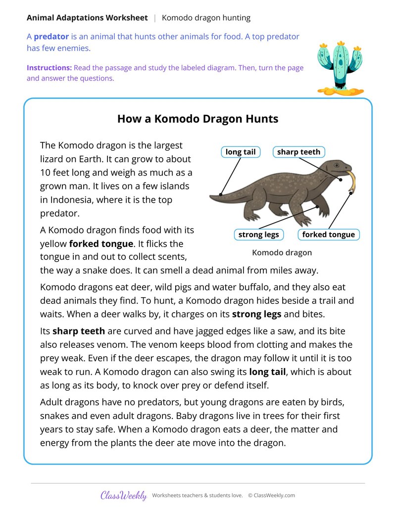 How a Komodo Dragon Hunts, Read and Answer - Page 1