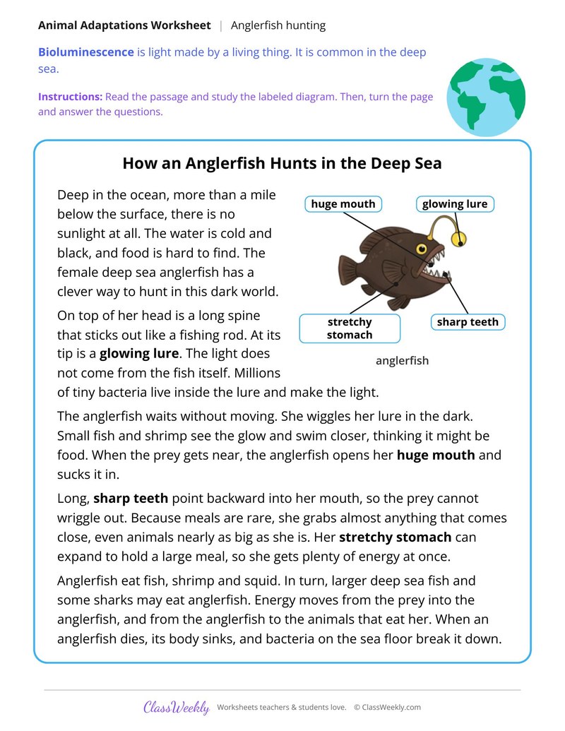 How an Anglerfish Hunts in the Deep Sea, Read and Answer - Page 1
