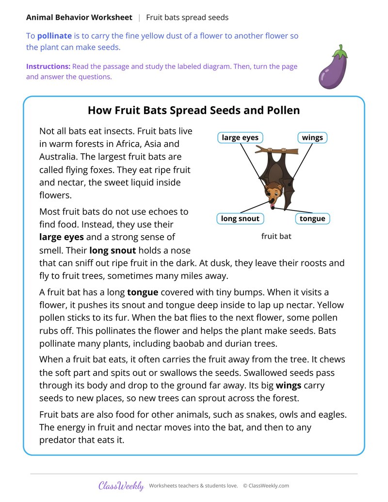 How Fruit Bats Spread Seeds and Pollen, Read and Answer - Page 1