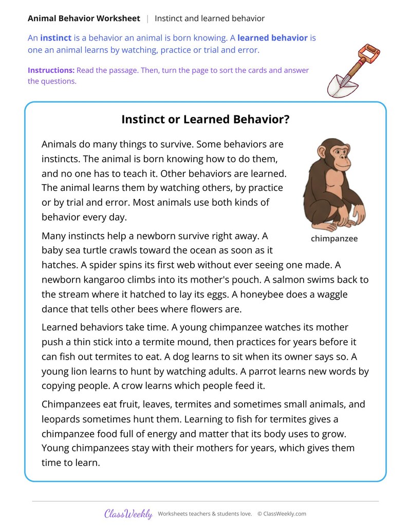 Instinct or Learned Behavior? Read and Sort - Page 1
