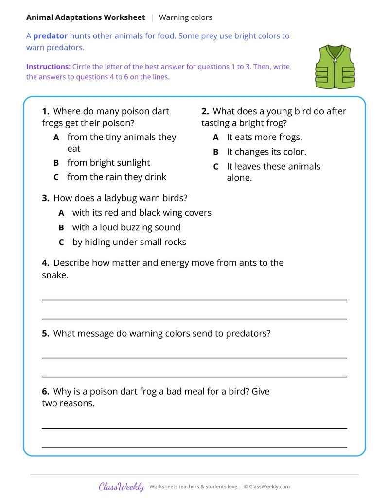 Warning Colors, Why Some Animals Are Bright, Read and Answer - Page 2