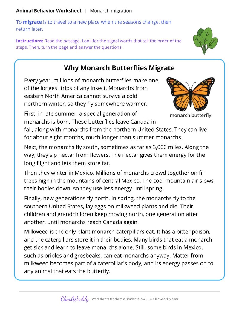 Why Monarch Butterflies Migrate, Read and Answer - Page 1