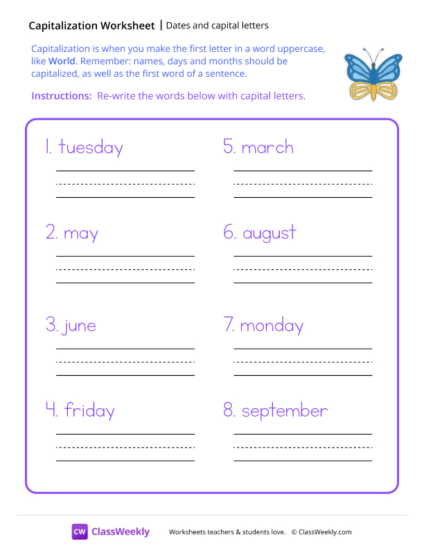 Dates and Capital Letters - Blue and Yellow Butterfly