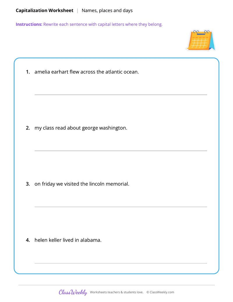 Capitalize Names, Places and Days - Famous Americans - Page 1