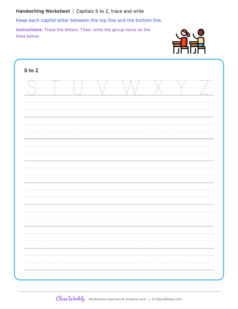 Capitals S to Z, trace and write