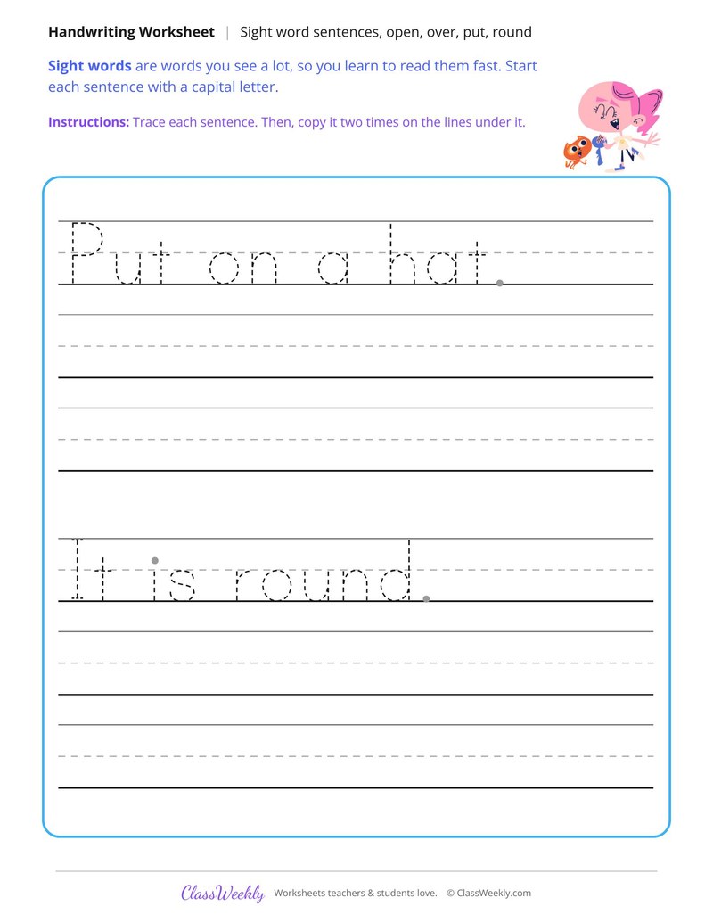 Print Sight Word Sentences, Open, Over, Put, Round - Page 2