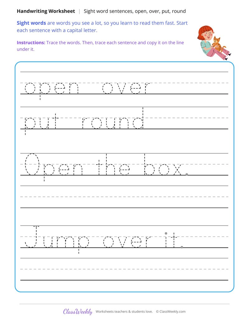 Print Sight Word Sentences, Open, Over, Put, Round - Page 1