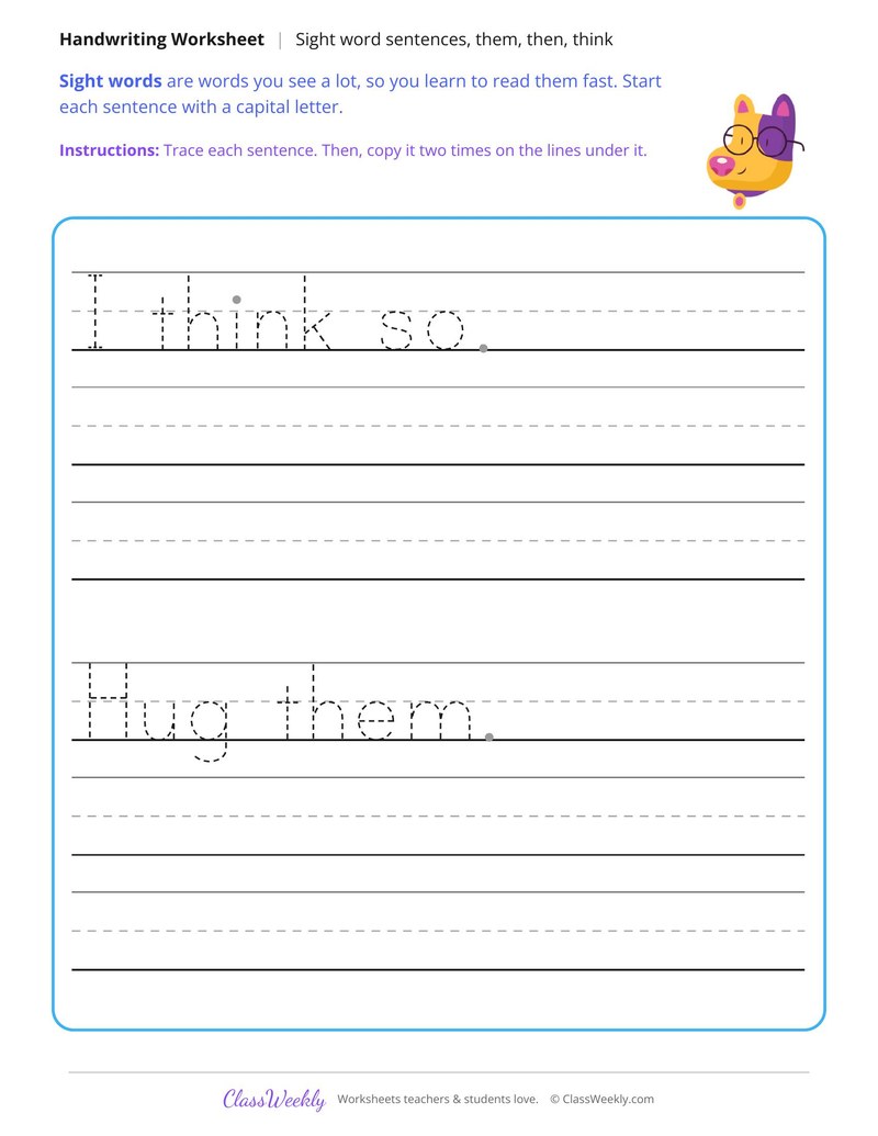 Print Sight Word Sentences, Them, Then, Think - Page 2