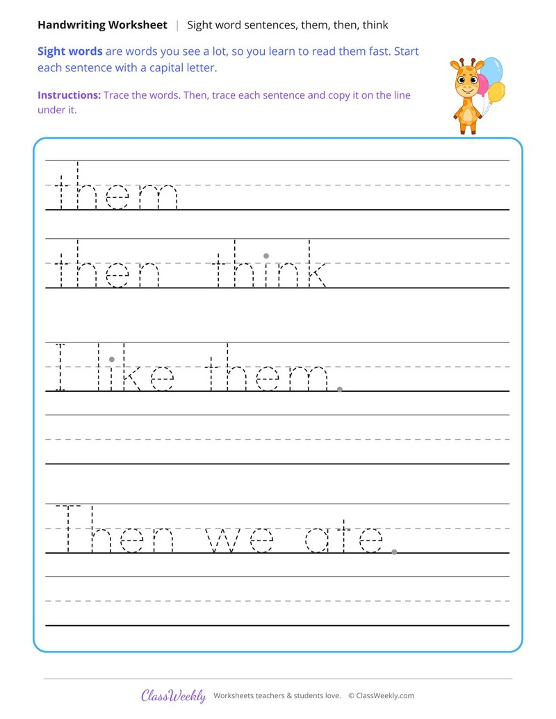 Print Sight Word Sentences, Them, Then, Think - Page 1