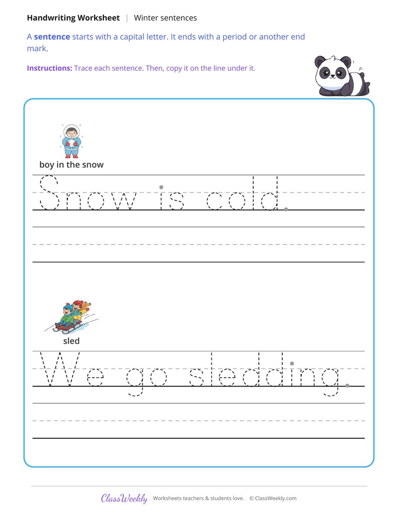 Trace and Copy Winter Sentences - Page 1