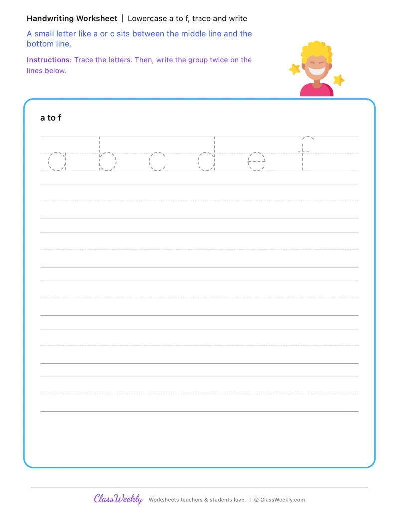 Lowercase a to f, trace and write