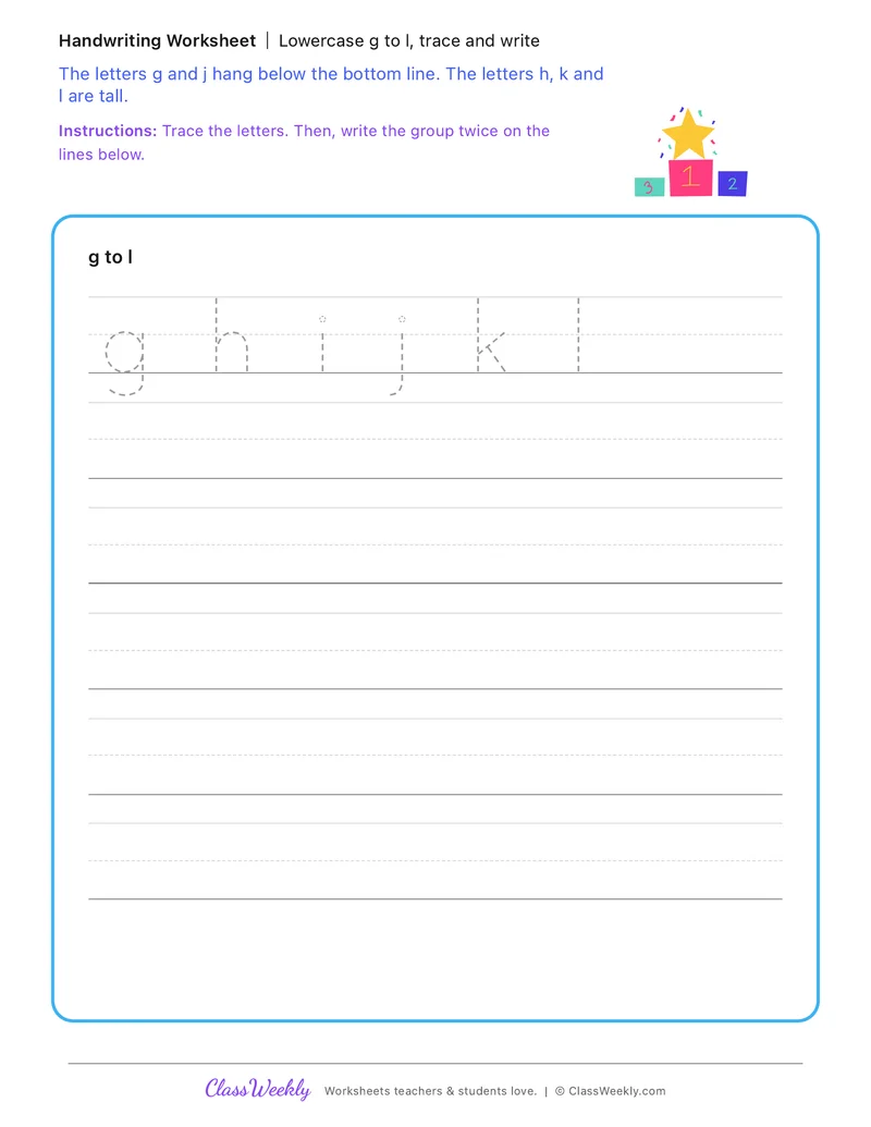 Lowercase g to l, trace and write