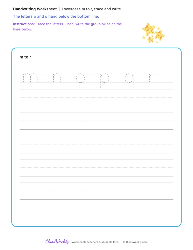 Lowercase m to r, trace and write