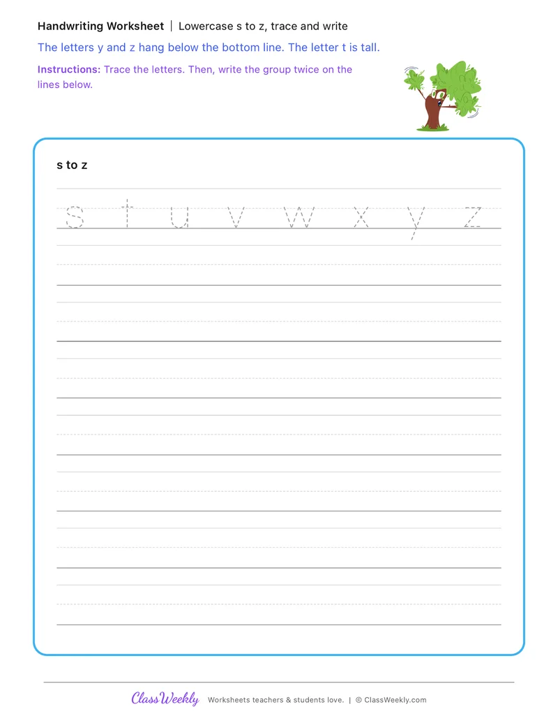 Lowercase s to z, trace and write