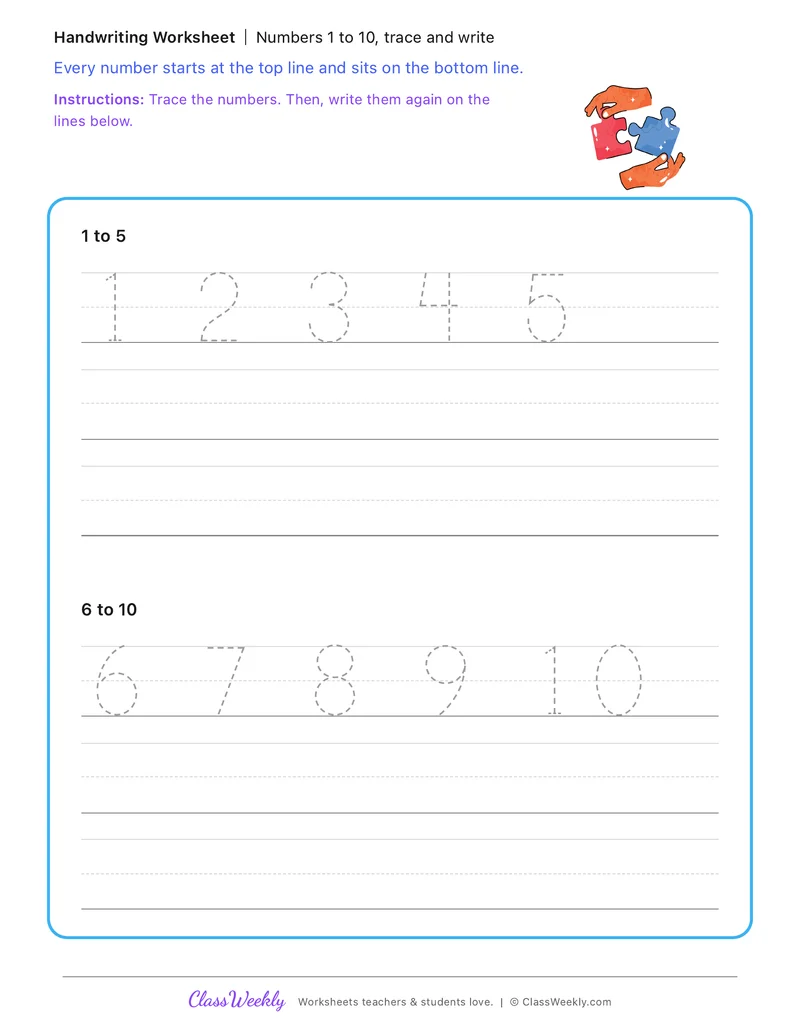 Numbers 1 to 10, trace and write
