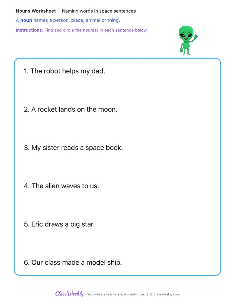 Naming words in space sentences - National Science Fiction Day