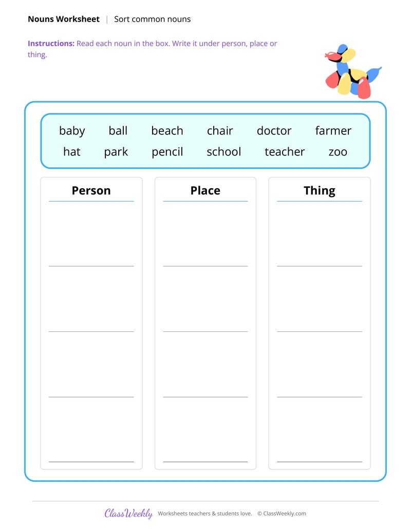 Sort common nouns into person, place or thing