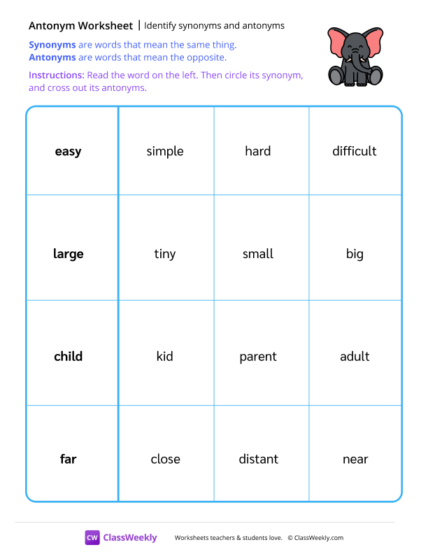 Identify synonyms and antonyms - Elephant